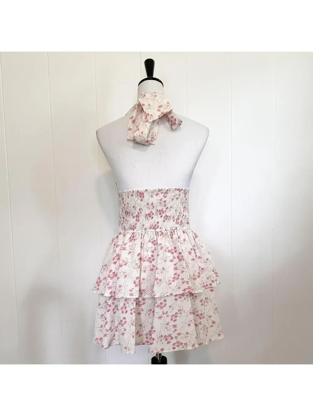 Unbranded Pink Daisy Floral Smocked Ruffle Halter Mini Dress Women's Small - Picture 3 of 3